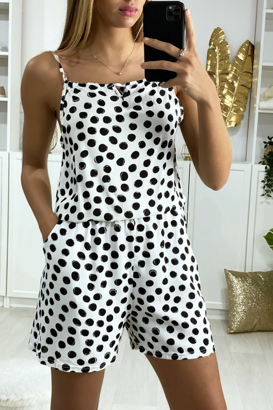 White polka-dot cotton playsuit with lace on the shoulder strap - 4