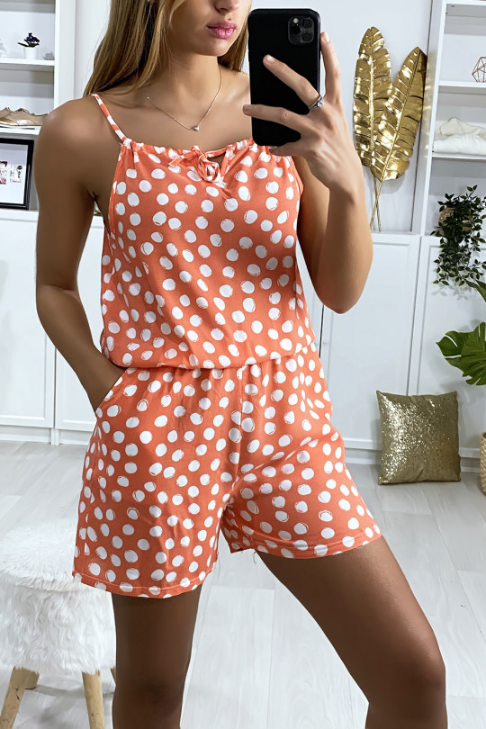 Pink polka-dot cotton playsuit with lace on the shoulder strap - 1