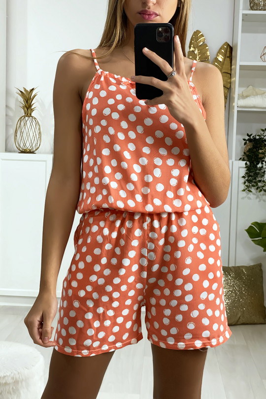 Pink polka-dot cotton playsuit with lace on the shoulder strap - 2