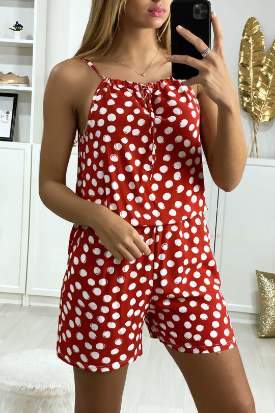Red polka-dot cotton playsuit with lace on the shoulder strap - 2