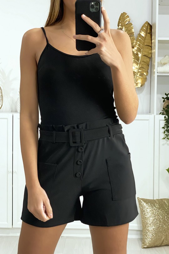 Black shorts with button belt and pockets - 2