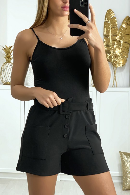 Black shorts with button belt and pockets - 1