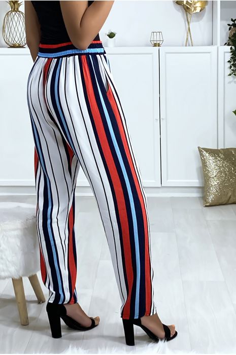 Blue red white striped cotton pants with pockets - 5