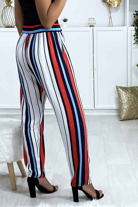 Pantalon rayé en coton bleu rouge blanc avec poches - 5