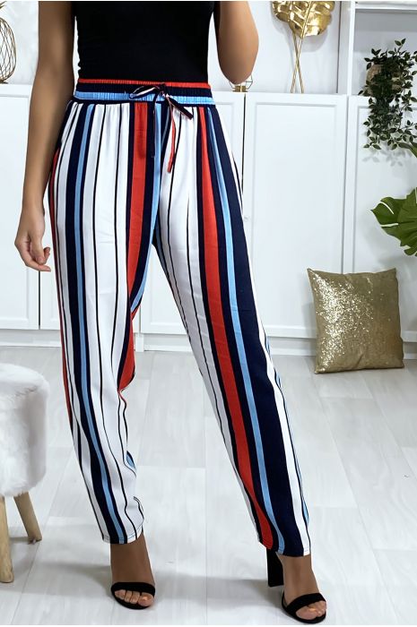 Blauw rood wit gestreepte katoenen broek met steekzakken - 1