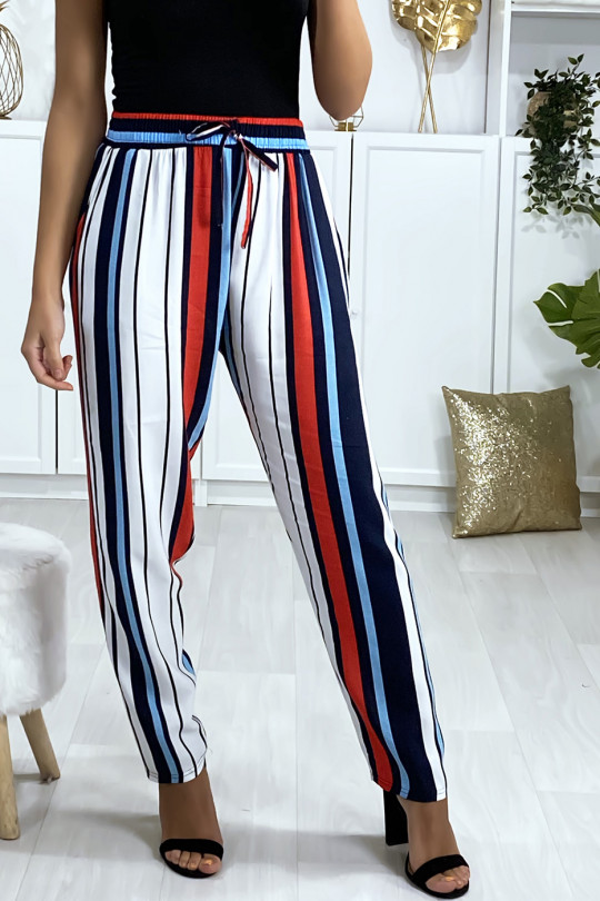 Blue red white striped cotton pants with pockets - 1