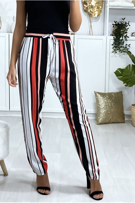 Pink red white striped cotton pants with pockets - 1