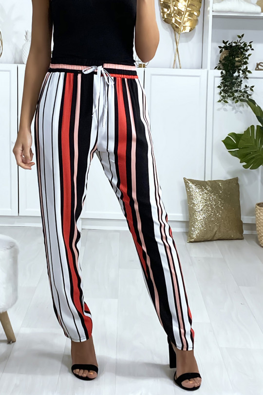Pink red white striped cotton pants with pockets - 1