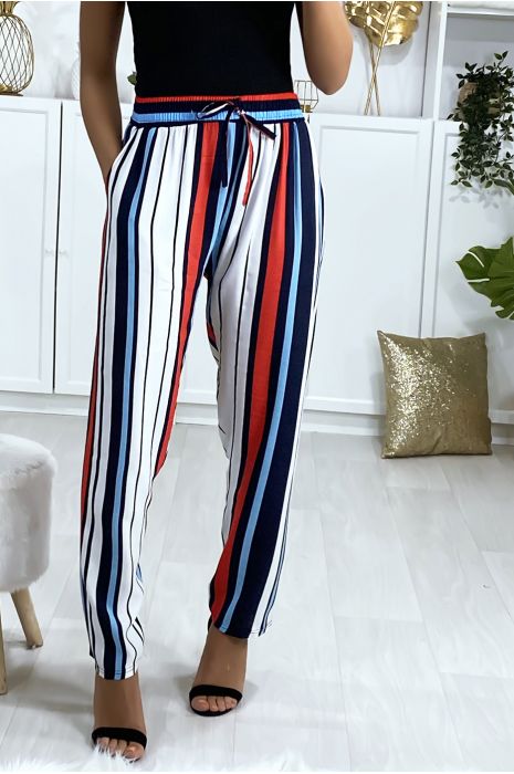 Blue red white striped cotton pants with pockets - 2