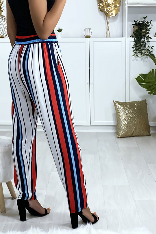 Blue red white striped cotton pants with pockets - 4