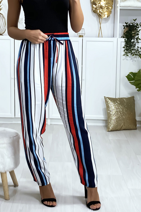 Pantalon rayé en coton bleu rouge blanc avec poches - 3