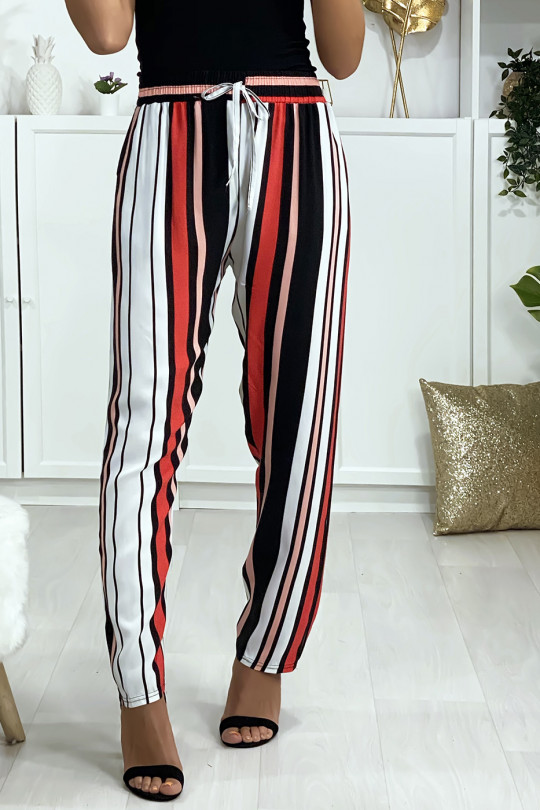 Pink red white striped cotton pants with pockets - 3