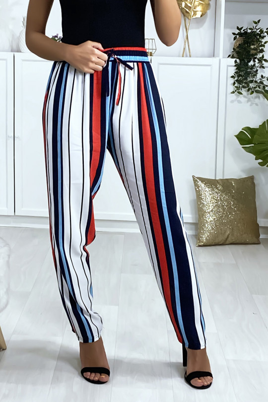 Blue red white striped cotton pants with pockets - 6