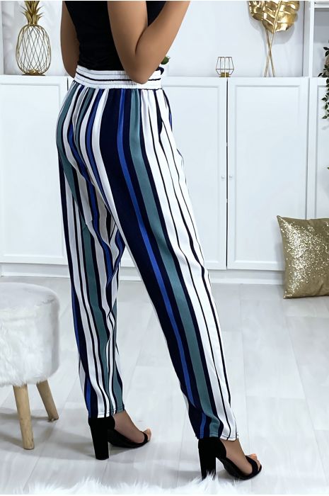 Pantalon rayé en coton vert bleu blanc avec poches - 4