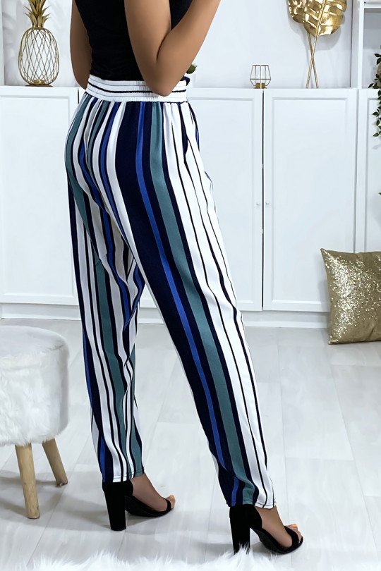 Striped pants in green blue white cotton with pockets - 4