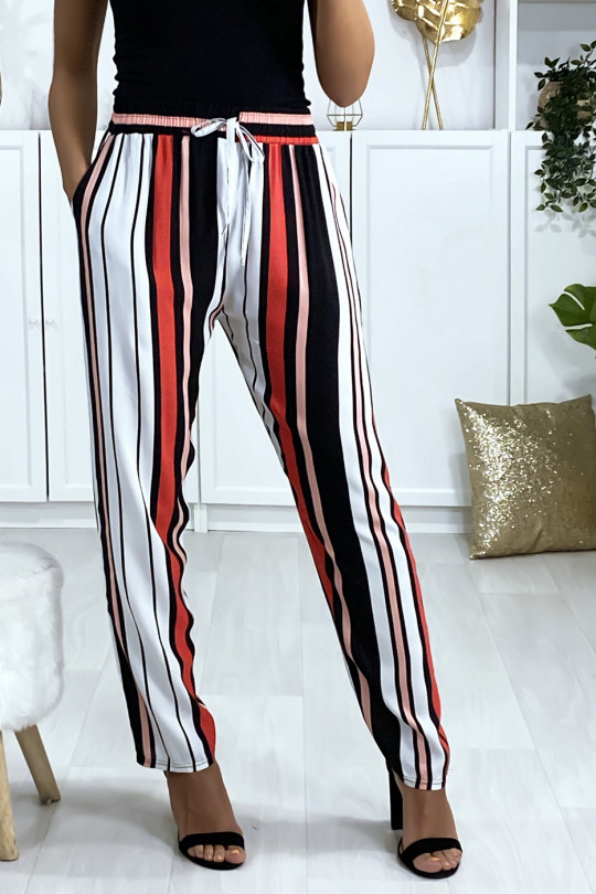 Pink red white striped cotton pants with pockets - 2