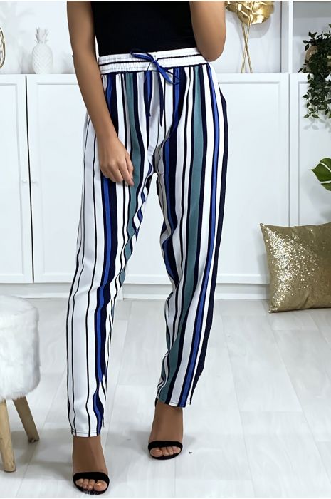 Striped pants in green blue white cotton with pockets - 3