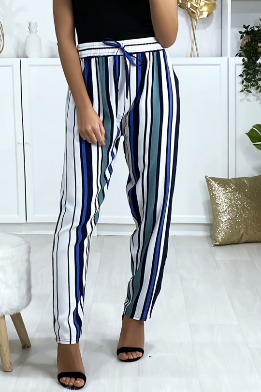 Striped pants in green blue white cotton with pockets - 3