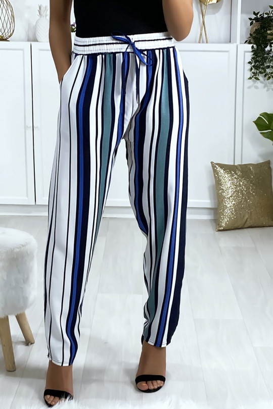 Striped pants in green blue white cotton with pockets - 2
