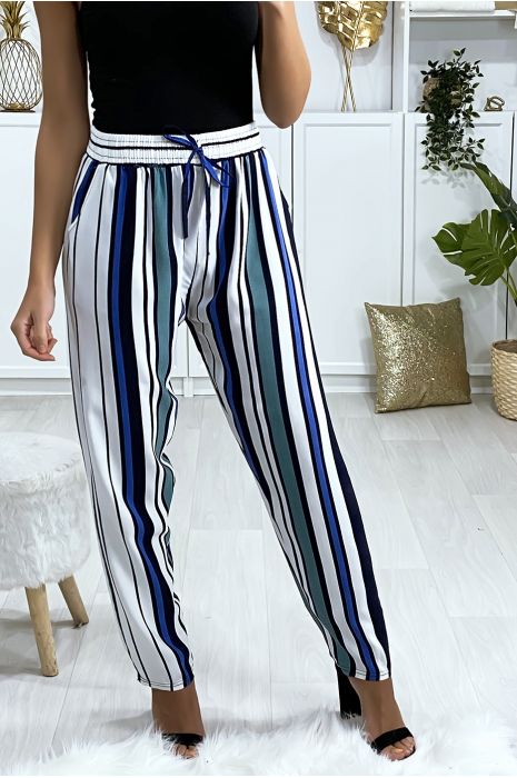 Striped pants in green blue white cotton with pockets - 1