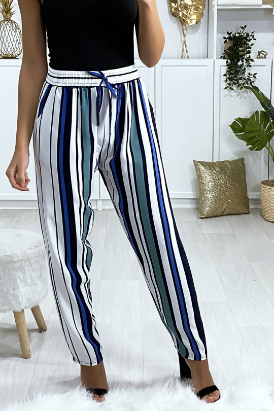 Striped pants in green blue white cotton with pockets - 1