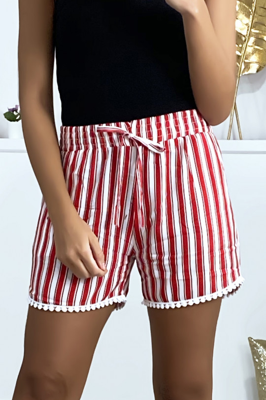Short rayé rouge et blanc en coton avec poches