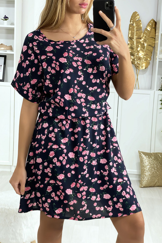 Black tunic dress with pink flower pattern with elastic at the waist - 5