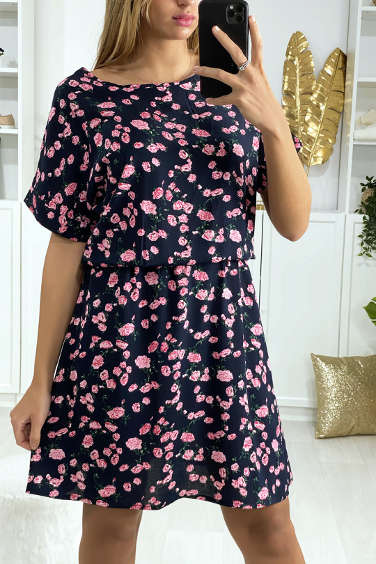 Black tunic dress with pink flower pattern with elastic at the waist - 4