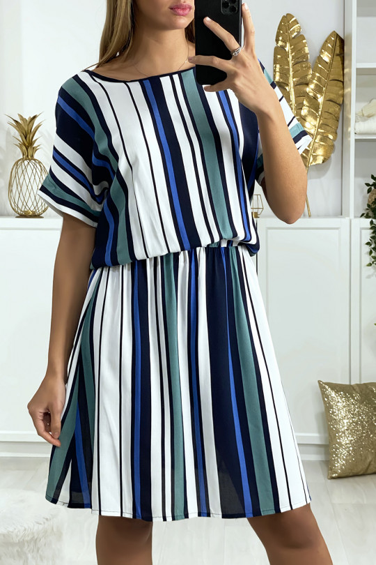 Striped tunic dress with royal green, white and navy pattern with elastic waistband - 1