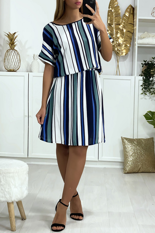 Striped tunic dress with royal green, white and navy pattern with elastic waistband - 3