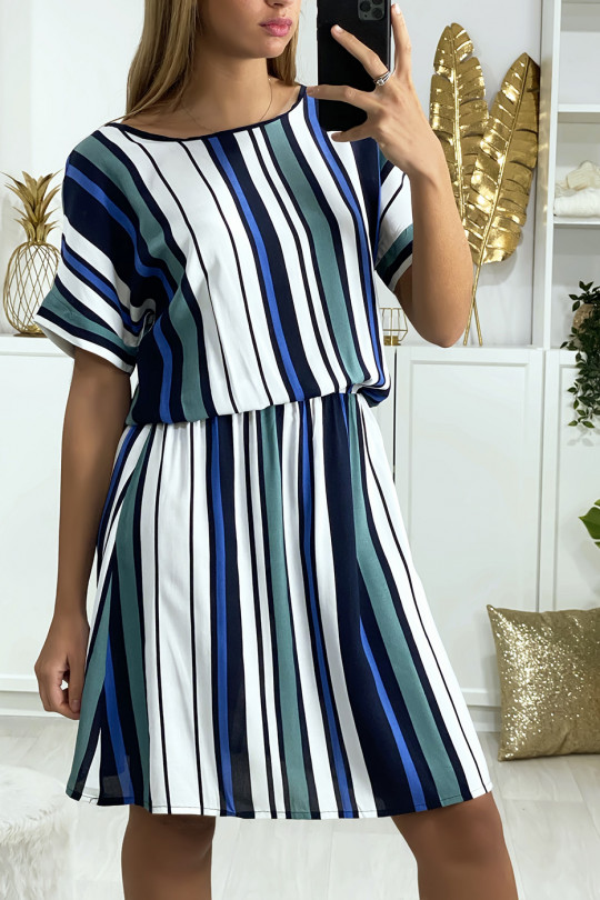 Striped tunic dress with royal green, white and navy pattern with elastic waistband - 2