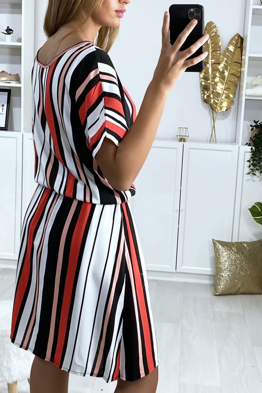 Striped tunic dress pink red white and black pattern with elastic at the waist - 4