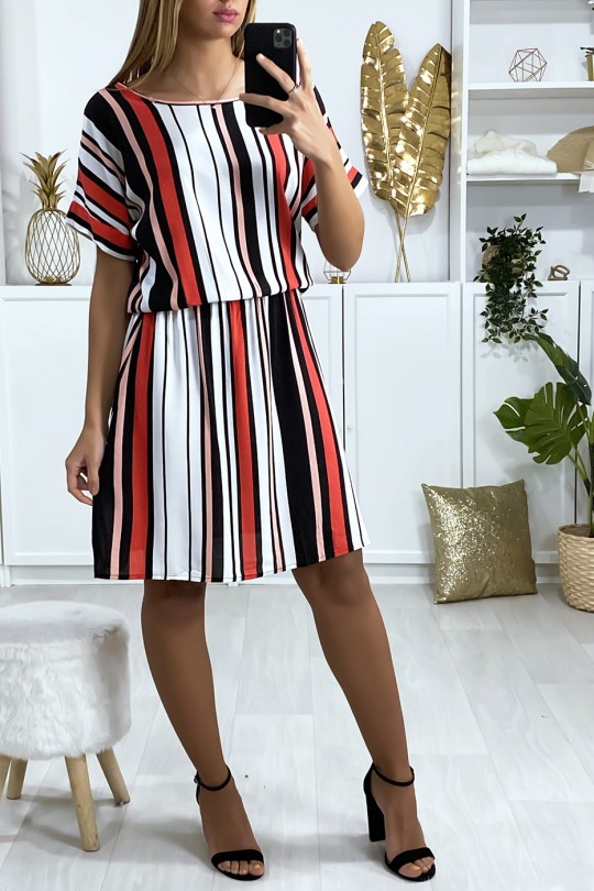 Striped tunic dress pink red white and black pattern with elastic at the waist - 1