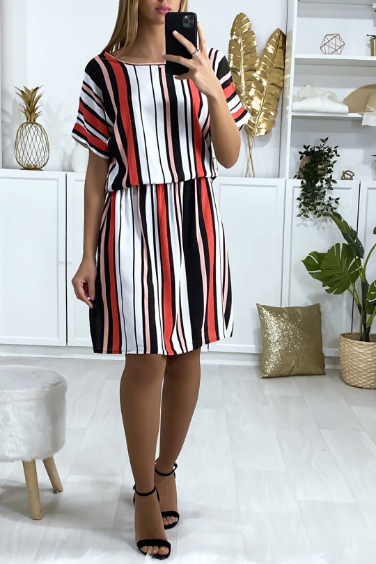 Striped tunic dress pink red white and black pattern with elastic at the waist - 2