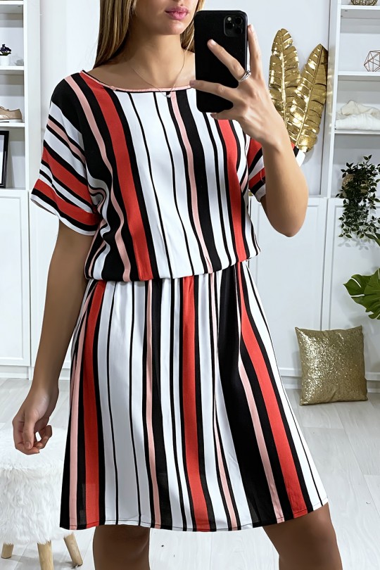 Striped tunic dress pink red white and black pattern with elastic at the waist - 3