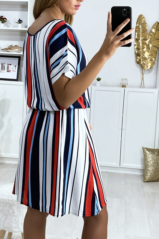 Navy and white striped tunic dress with elastic waistband - 4