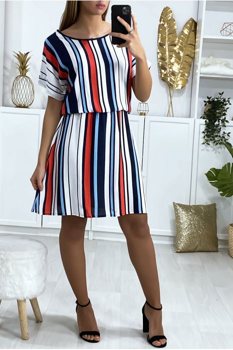 Navy and white striped tunic dress with elastic waistband - 2