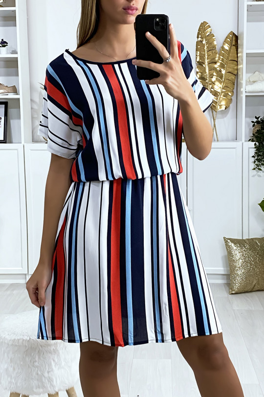 Navy and white striped tunic dress with elastic waistband - 3