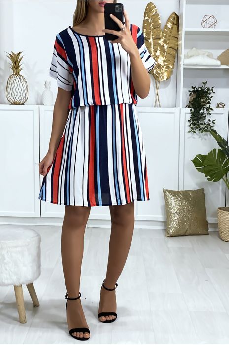 Navy en wit gestreepte tuniekjurk met elastische tailleband - 1