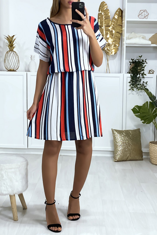 Navy and white striped tunic dress with elastic waistband - 1