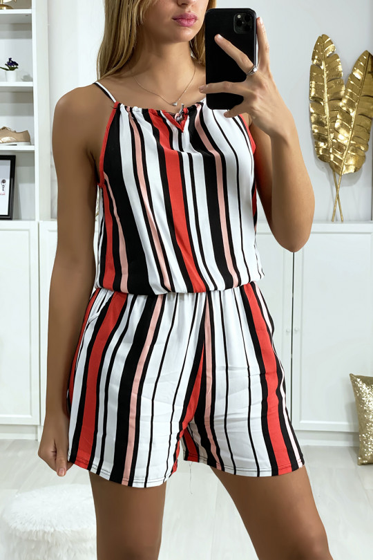 Pink white black striped cotton playsuit with lace on the shoulder strap - 4