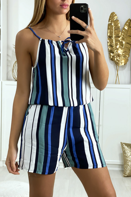 Green, white, navy and royal striped cotton playsuit with lace on the shoulder strap - 5