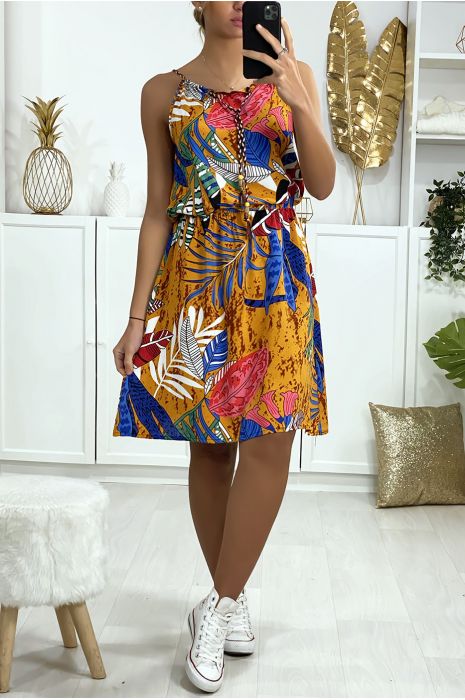 Robe tunique moutarde motif feuille avec élastique à la taille - 1