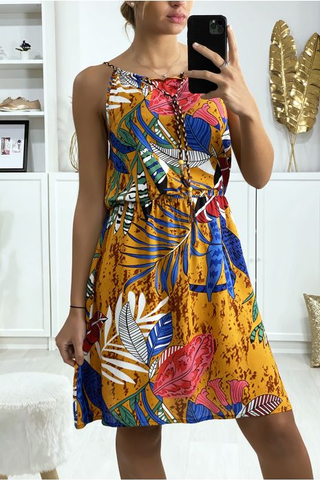 Robe tunique moutarde motif feuille avec élastique à la taille - 4