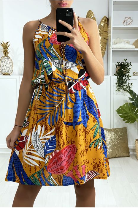 Robe tunique moutarde motif feuille avec élastique à la taille - 3