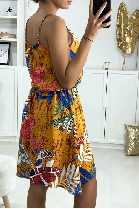 Mustard leaf pattern tunic dress with elastic waistband - 5