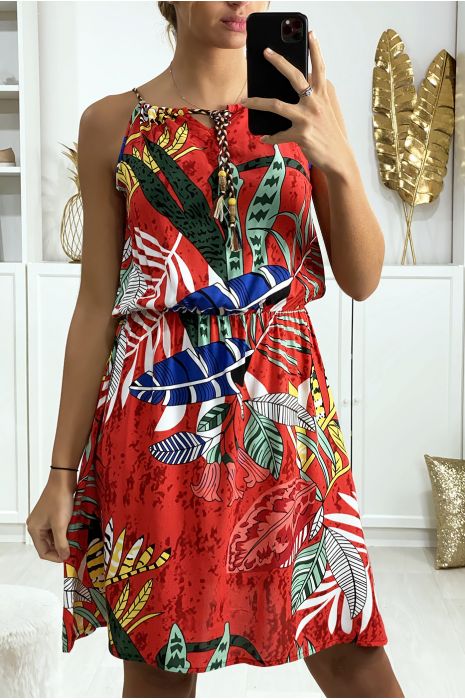 Robe tunique rouge motif feuille avec élastique à la taille - 1