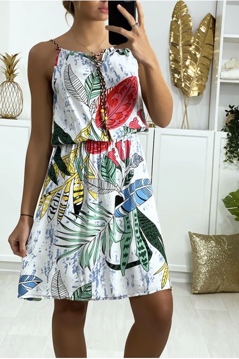 Robe tunique blanche motif feuille avec élastique à la taille - 2