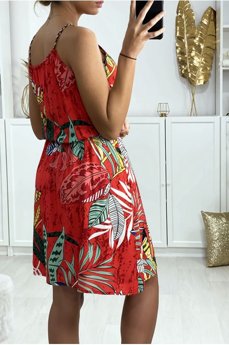 Robe tunique rouge motif feuille avec élastique à la taille - 5