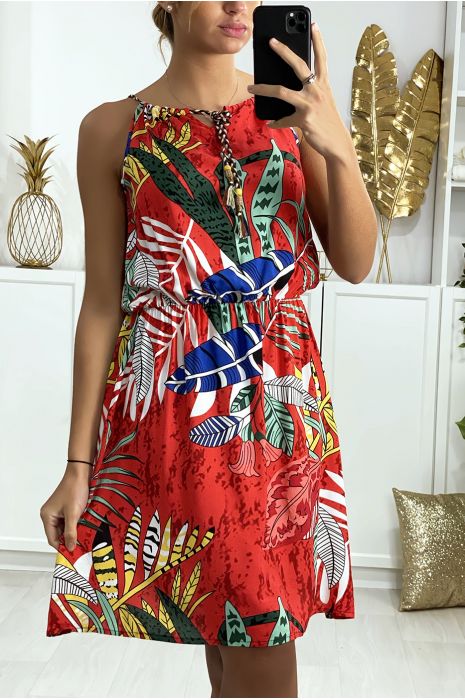 Robe tunique rouge motif feuille avec élastique à la taille - 2